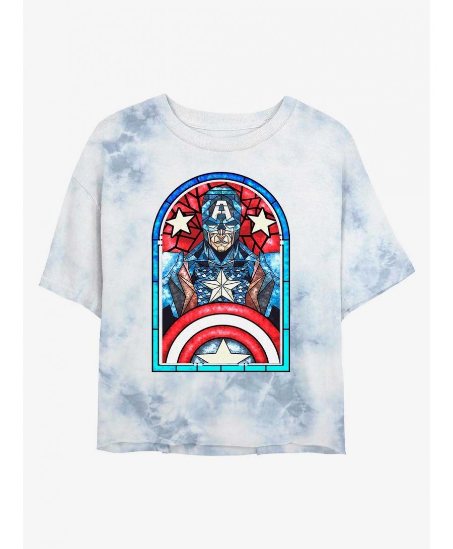 Limited Time Special Marvel Captain America Stained Glass Tie-Dye Girls Crop T-Shirt $13.58 T-Shirts