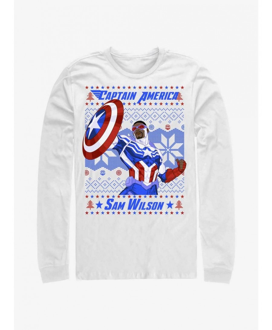 Pre-sale Discount Marvel Captain America Sam Wilson Ugly Christmas Long-Sleeve T-Shirt $10.86 T-Shirts