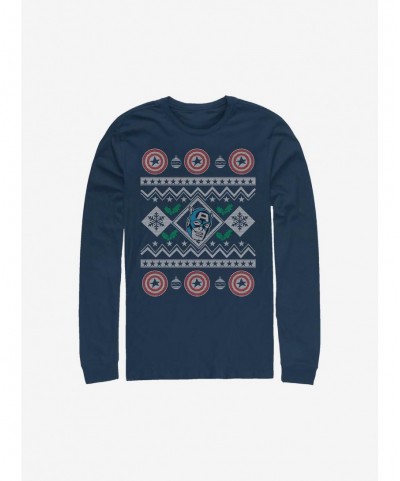 Hot Selling Marvel Captain America Christmas Pattern Sweater Long-Sleeve T-Shirt $12.17 T-Shirts