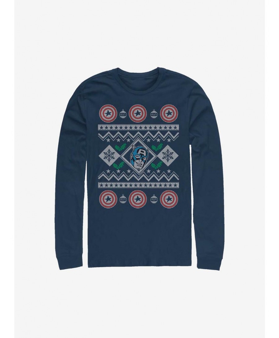 Hot Selling Marvel Captain America Christmas Pattern Sweater Long-Sleeve T-Shirt $12.17 T-Shirts