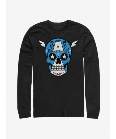 Hot Sale Marvel Captain America Sugar Skull Long-Sleeve T-Shirt $15.46 T-Shirts