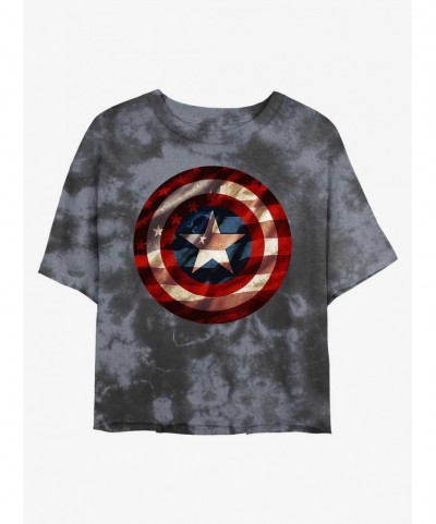 Sale Item Marvel Captain America Flag Shield Tie-Dye Girls Crop T-Shirt $10.98 T-Shirts