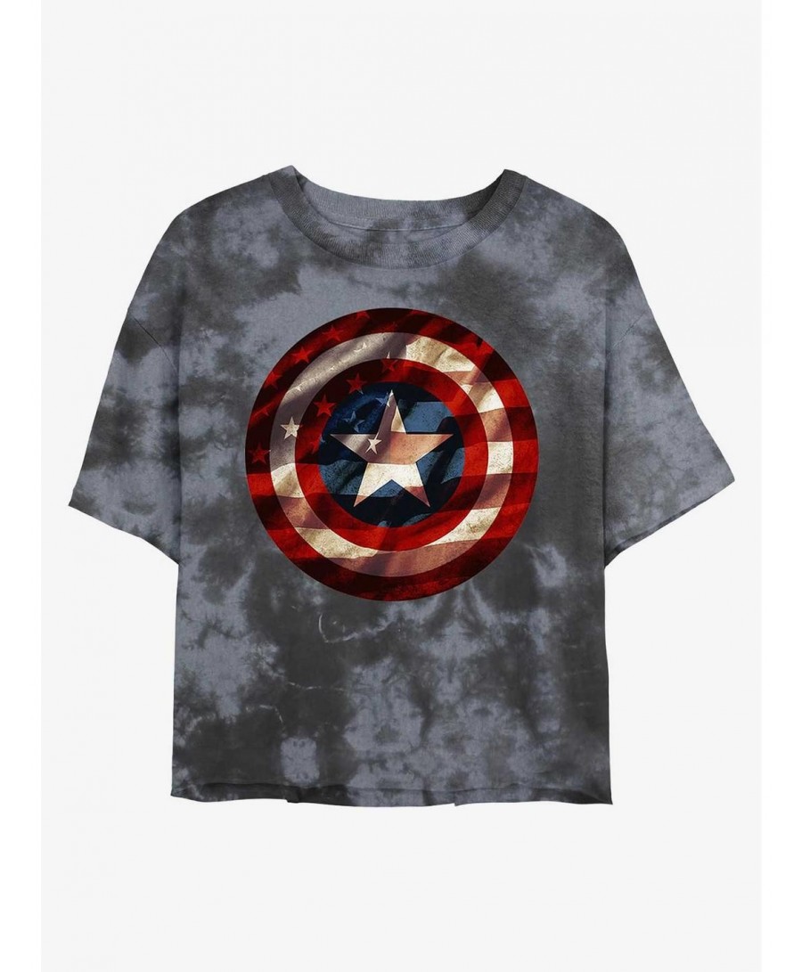 Sale Item Marvel Captain America Flag Shield Tie-Dye Girls Crop T-Shirt $10.98 T-Shirts