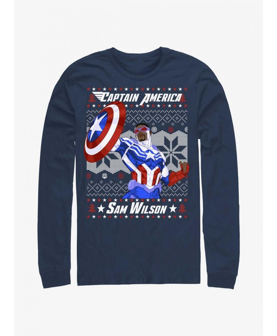 Discount Sale Marvel Captain America Sam Wilson Ugly Christmas Long-Sleeve T-Shirt $12.50 T-Shirts