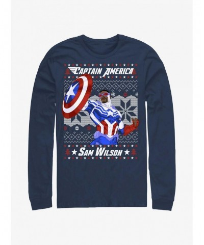 Discount Sale Marvel Captain America Sam Wilson Ugly Christmas Long-Sleeve T-Shirt $12.50 T-Shirts