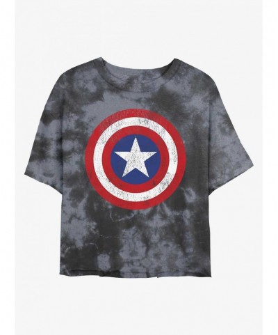 Exclusive Price Marvel Captain America Distressed Shield Tie-Dye Girls Crop T-Shirt $13.29 T-Shirts