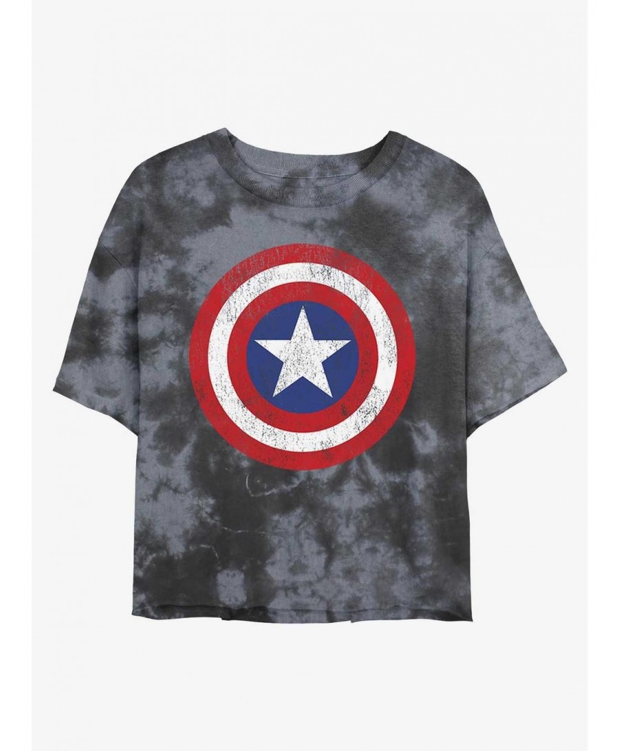 Exclusive Price Marvel Captain America Distressed Shield Tie-Dye Girls Crop T-Shirt $13.29 T-Shirts