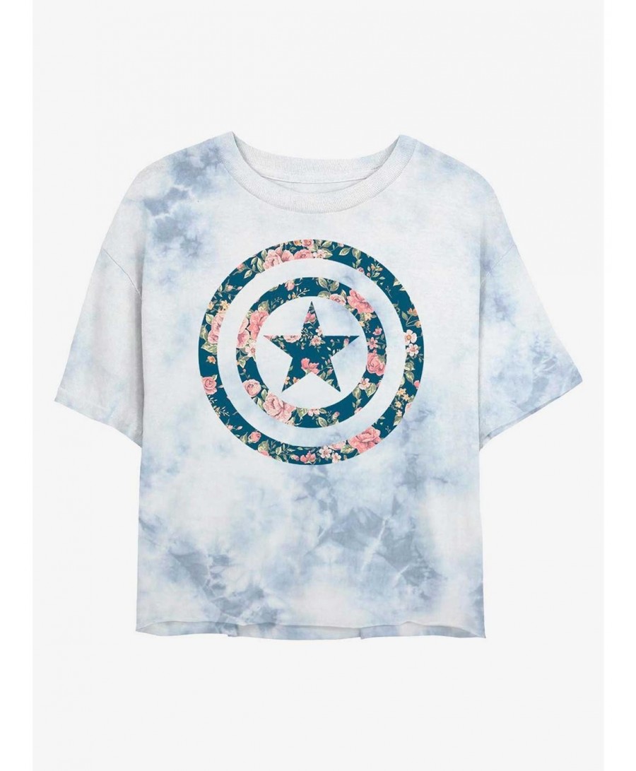 Low Price Marvel Captain America Floral Shield Tie-Dye Girls Crop T-Shirt $13.01 T-Shirts